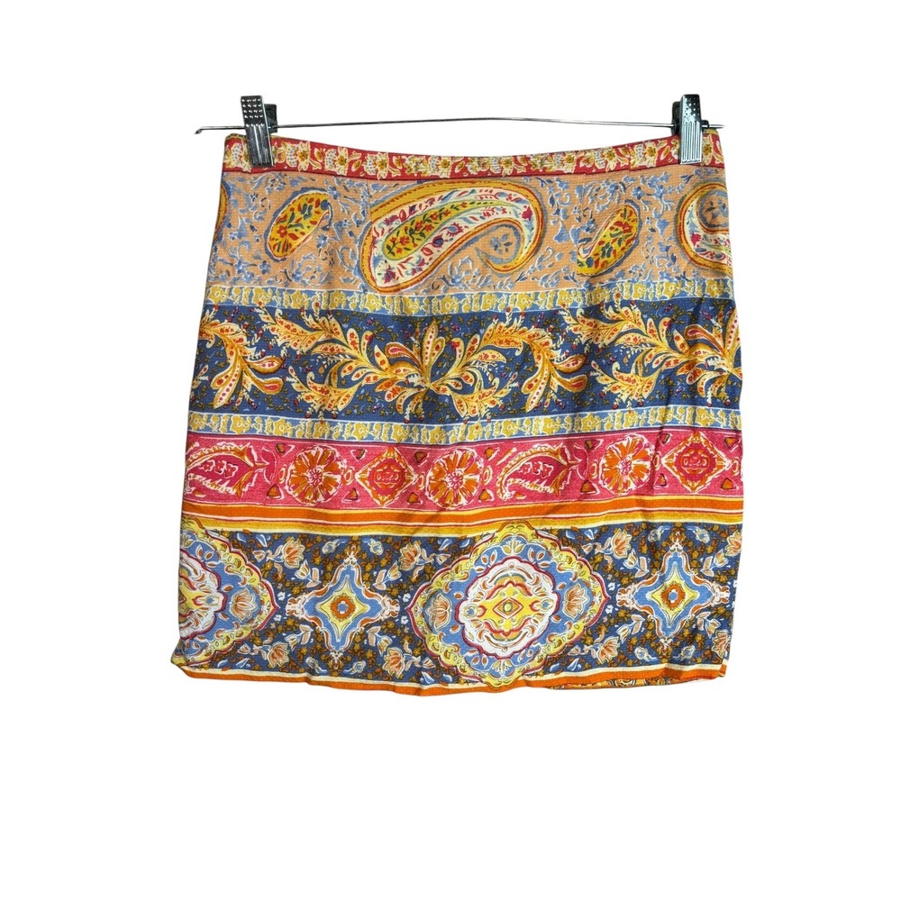 Rachel Zoe Paisley Boho Mini Skirt Multi Color Size 10 Border Print Zip Back